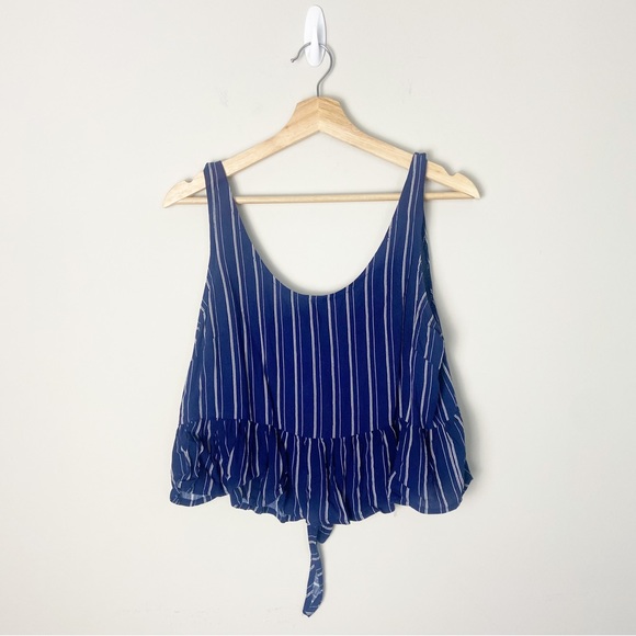 La Hearts Tops - L.A Hearts Blue Striped Cropped Babydoll Tank with Tie Back